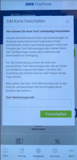Eingabe Aktivierungscode